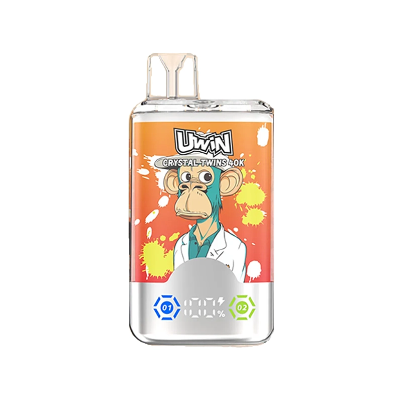 Uwin X RandM Twins Cristal 40K Puffs Vape Mayorista 7 Vapeador Uwin Crystal Twins 40K con fondo naranja vibrante que muestra un mono de dibujos animados con bata blanca de laboratorio, junto con indicadores digitales para ajustes de sabor duales.
