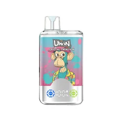 Uwin X RandM Twins Cristal 40K Puffs Vape Mayorista 22 Dispositivo de vapeo Uwin Crystal Twins 40K con un diseño colorido, que muestra un gráfico de mono estilizado con un fondo vibrante y el texto