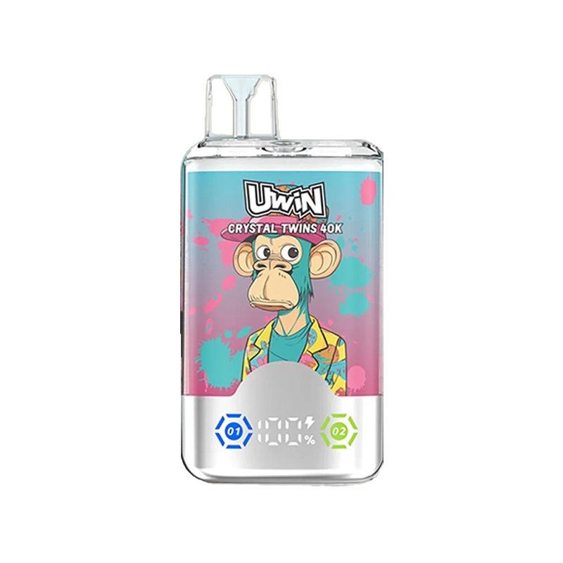 Uwin X RandM Twins Cristal 40K Puffs Vape Mayorista 6 Dispositivo de vapeo Uwin Crystal Twins 40K con un diseño colorido, que muestra un gráfico estilizado de un mono con un fondo vibrante y el texto "Uwin Crystal Twins 40K."