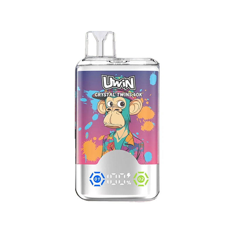 Uwin X RandM Twins Cristal 40K Puffs Vape Mayorista 5 Vapeador Uwin X RandM Twins Crystal 40K con un caprichoso gráfico de un mono sobre un vibrante fondo morado con el texto "CRYSTAL TWINS 40K", diseñado para el sabor Strawberry Kiwi Grape Ice.