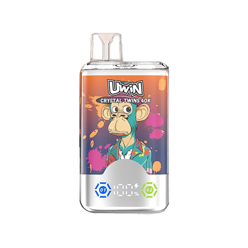 Uwin X RandM Twins Cristal 40K Puffs Vape Mayorista 4 Dispositivo de vapeo Uwin Crystal Twins 40K con un colorido gráfico de monos en la parte delantera, rodeado de salpicaduras de pintura, y una pantalla digital en la parte inferior con dos iconos.
