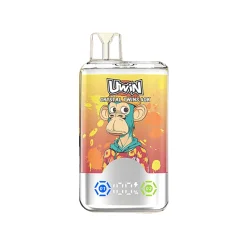 Uwin X RandM Twins Cristal 40K Puffs Vape Mayorista 19 Uwin Crystal Twins 40K vape que muestra un mono de dibujos animados vestido con una colorida chaqueta con indicadores de marca y batería.
