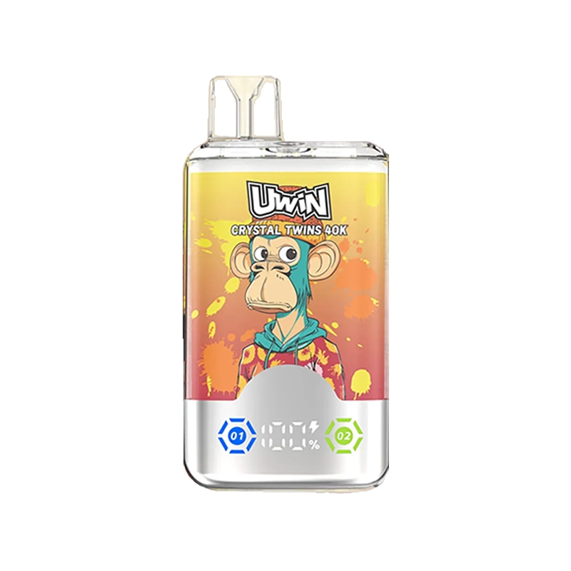 Uwin X RandM Twins Cristal 40K Puffs Vape Mayorista 3 Uwin Crystal Twins 40K vape que muestra un mono de dibujos animados vestido con una colorida chaqueta con indicadores de marca y batería.