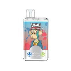 Vapeador Uwin X RandM Twins Crystal 40K con una colorida ilustración de un mono en un cartucho transparente, sobre un fondo vibrante con salpicaduras de rojo y azul.