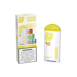 Zooy FIRZEN 35000 caladas de vaporizador desechable con sabor a fresa y plátano, con tecnología Nic & Ice Control, empaquetado junto a la etiqueta de advertencia.