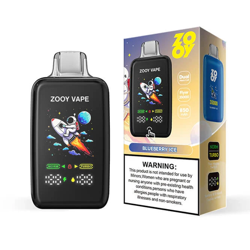 Zooy Flyer 35000 Puffs Einweg Vape Großhandel 7 Der Flyer von Zooy Vape zeigt die Blueberry Ice-Variante mit einem Astronauten, der auf einer Rakete reitet, mit der Aufschrift 35000 auf der Verpackung und hebt die Funktionen Dual Mesh Coil und 850 mAh hervor.
