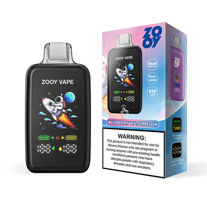 Zooy Flyer 35000 Puffs Einweg Vape Großhandel 6 Zooy Vape Flyer 35000 E-Zigaretten-Gerät mit Blaubeer-Wassermelonen-Geschmack, illustriert mit einem Astronauten auf einer Rakete; detaillierte Produkt-Box zeigt Dual-Mesh-Spule, 850 mAh Akku, und Warnung Text.
