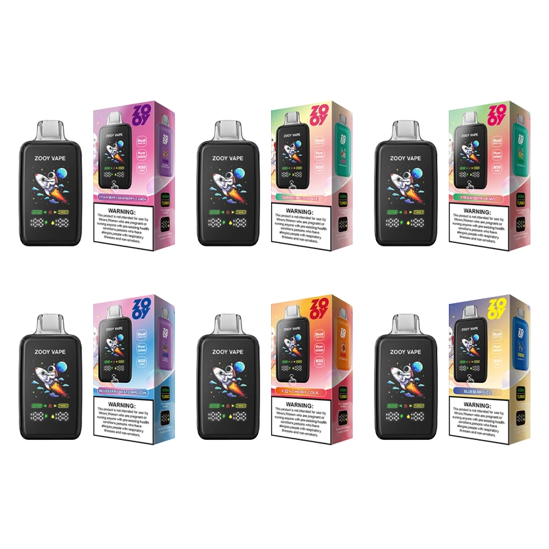 Zooy Flyer 35000 Puffs Einweg Vape Großhandel 1 Auslage verschiedener Zooy Vape-Produkte mit Geschmacksrichtungen wie Ocean Mint und Blueberry Bubblegum, wobei jede Verpackung mit einem Branding und einem Gesundheitswarnhinweis versehen ist.