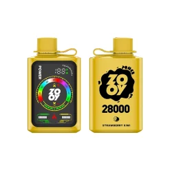 Vapeador desechable Zooy POWER 28000 puffs con carcasa de color amarillo brillante, con el logotipo de la marca y el nombre del sabor "Strawberry Kiwi" junto con gráficos de calibre.