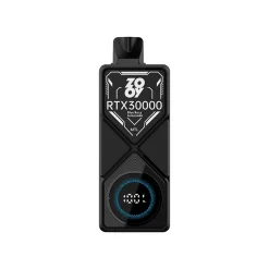 Zooy RTX 30000 Puffs Einweg Vape Großhandel 18 Frontansicht eines Zooy RTX 30000 Vape-Gerätes in Schwarz, mit Blue Razz Lemonade Geschmackstext und MTL-Etikett mit digitalem Display, das den Batterieprozentsatz anzeigt.