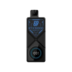 Zooy RTX 30000 Puffs Einweg Vape Großhandel 17 Schwarzer Zooy RTX30000 Vaporizer mit Blaubeer-Eis-Geschmack und hervorgehobener digitaler Anzeige des Akkustandes.