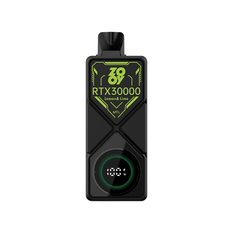 Zooy RTX 30000 Puffs Einweg Vape Großhandel 4 Zooy RTX30000 Lemon & Lime Vape-Gerät mit einer digitalen Anzeige, die 100% Akkulaufzeit.