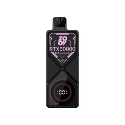 Zooy RTX 30000 Puffs Einweg Vape Großhandel 14 Zooy RTX30000 Pink Lemonade Vape-Gerät präsentiert sich mit einem eleganten schwarzen Design, Markenlogo und Prozentanzeige.