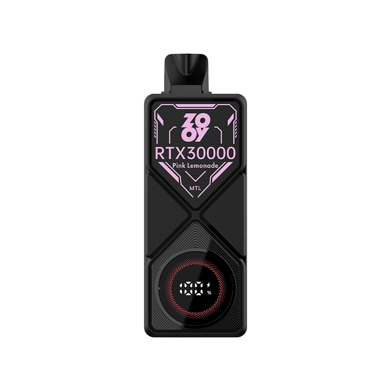 Zooy RTX 30000 Puffs Einweg Vape Großhandel 3 Zooy RTX30000 Pink Lemonade Vape-Gerät präsentiert sich mit einem eleganten schwarzen Design, Markenlogo und Prozentanzeige.
