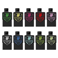 Ten Zooy RTX 30000 Puffs prefilled pods featuring flavors like Strawberry Kiwi, Strawberry Mango, Watermelon Ice, Pink Lemonade, Blue Razz Lemonade, Blueberry Ice, Lava Flow, Lemon & Lime, Banana Toffee.