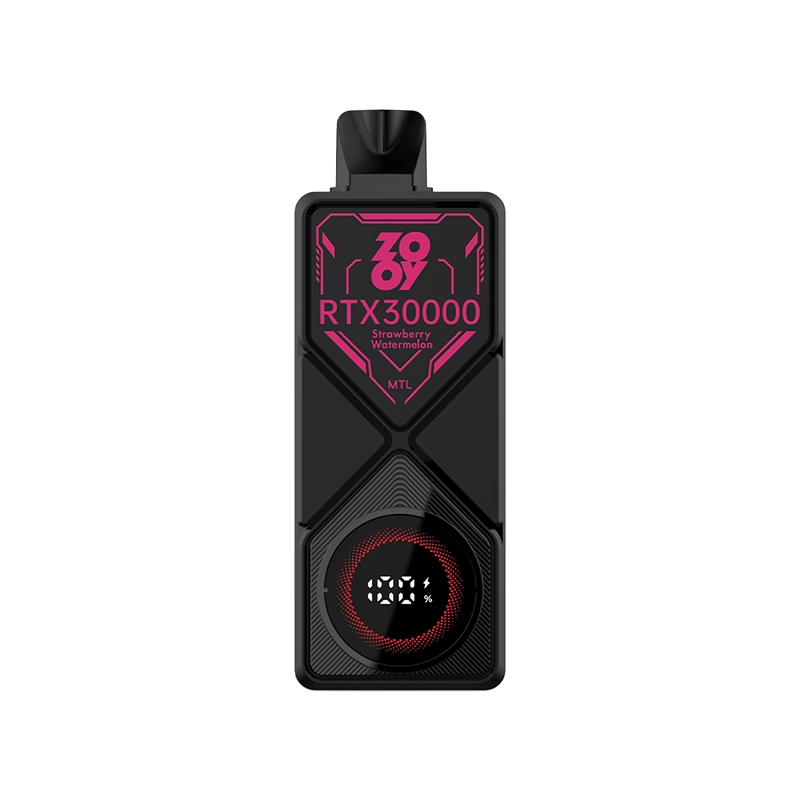 Zooy RTX 30000 Puffs Einweg Vape Großhandel 10 Schwarzes Zooy RTX30000 Verdampfergerät mit rosa Schriftzug "Zooy RTX30000 Strawberry Watermelon MTL" und einer digitalen Anzeige, die den Batteriestand 100% anzeigt.
