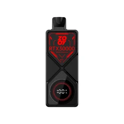 Zooy RTX 30000 Puffs Einweg Vape Großhandel 20 Schwarzer Zooy RTX30000 Vaping-Gerät mit Watermelon Ice Geschmack Text, MTL-Etikett, und digitale Anzeige zeigt 100% Batterie.