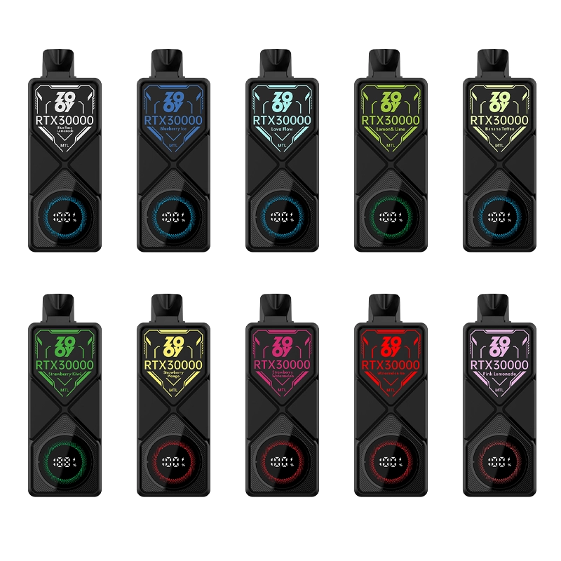 Zooy RTX 30000 Puffs Einweg Vape Großhandel 1 Eine Kollektion von 10 Zooy RTX30000 Vape-Geräten mit verschiedenen Geschmacksrichtungen wie Blueberry Ice, Lava Flow, Lemon & Lime, Banana Toffee, Green Apple, Strawberry Banana, Ruby Berry und Pink Lemonade mit schlanken, modernen Designs.