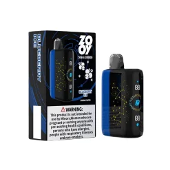 Zooy Stars 30000 Puffs Disposable Vape Wholesale 15 Zooy Stars 30000 Blueberry Ice vape packaging and device featuring a warning label, digital display, and constellation design.