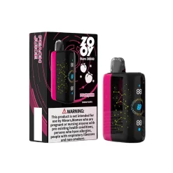 Zooy Stars 30000 Puffs Disposable Vape Wholesale 14 Zooy Stars 30000 Peach Juice vape device next to its packaging featuring galaxy-themed design and a health warning label.