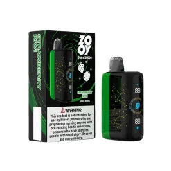 Zooy Stars 30000 Puffs Disposable Vape Wholesale 21 Zooy Stars 30000 vape device with Strawberry Kiwi flavor, featuring a black and green design, packaged alongside the branded box displaying strawberry icons.
