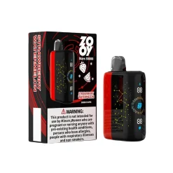 Zooy Stars 30000 Puffs Disposable Vape Wholesale 20 Zooy Stars 30000 vape device in strawberry watermelon flavor with 30000 puffs, featuring a sleek black and red design alongside its packaging with warning label, constellation graphics, and digital display.
