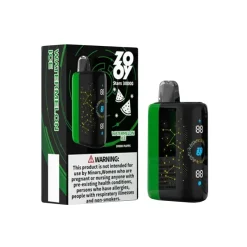 Zooy Stars 30000 Puffs Disposable Vape Wholesale 18 Zooy Stars 30000 Watermelon Ice disposable vape and packaging displaying 30000 puffs count and constellation design, alongside a health warning label.