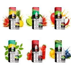 Six bottles of Al Fakher 10ml 20mg nicotine salt e-liquid featuring flavors like Watermelon Lime, Spearmint, Two Apple, Strawberry Pina Colada, and Space Dream, each with vibrant fruit imagery and labeled packaging.