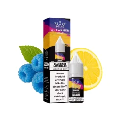 Opakowanie e-liquidu AL Fakher Blue Razz Lemonade 10 ml 20 mg soli nikotynowej wraz ze świeżymi malinami i plasterkiem cytryny.