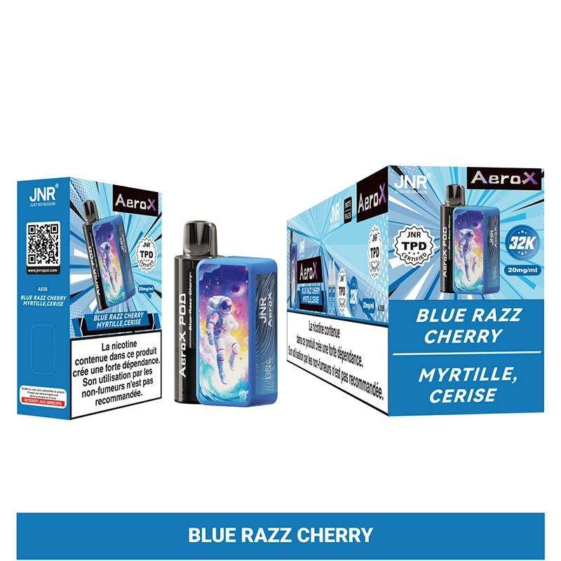 JNR Aero X 32K Puffs Pod Kit authentisch nachfüllbar Vape 15 Vibrant JNR Aero X vape mit einem Astronaut Design, verpackt mit Blue Razz Cherry Geschmack Branding, "Myrtille, Cerise" Text ist sichtbar.