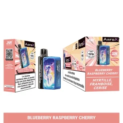 JNR Aero X 32K Puffs Pod Kit authentisch nachfüllbar Vape 30 JNR AeroX POD Vape-Gerät mit Blaubeer-Himbeer-Kirsch-Geschmack Verpackung, mit einem Astronauten-Design und Geschmacksangaben in Englisch und Französisch.