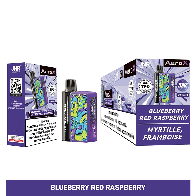 JNR Aero X 32K Puffs Pod Kit authentisch nachfüllbar Vape 13 JNR AeroX 32K Vape Pod mit lebhaftem Heidelbeer- und Himbeerdesign, begleitet von einer Verpackung mit der Aufschrift "Myrtille, Framboise"."