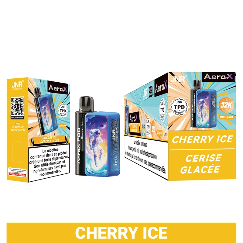 JNR Aero X 32K Puffs Pod Kit authentisch nachfüllbar Vape 12 JNR Aero X 32K vaping pod mit einem Kirsch-Eis-Geschmack, in der Verpackung fett mit Farben und ein Astronaut Motiv angezeigt. Die Box zeigt prominent JNR Branding neben Text in Englisch und Französisch, Hervorhebung seiner Nikotingehalt und Dosierung von 20mg/ml.