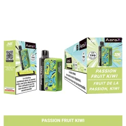JNR Aero X 32K Puffs Pod Kit authentisch nachfüllbar Vape 25 JNR AeroX Vape Pod in der Geschmacksrichtung Passion Fruit Kiwi mit einer lebendigen Verpackung mit grünen und blauen Wirbeln und Produkttext, einschließlich sichtbarem Branding wie JNR, AeroX und 32K.