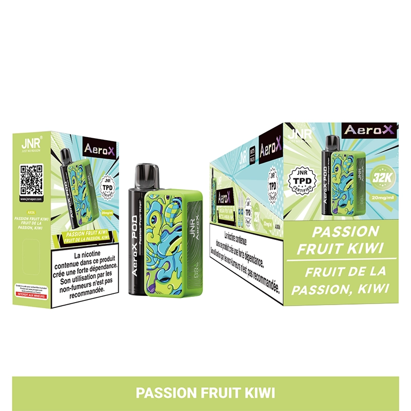 JNR Aero X 32K Puffs Pod Kit authentisch nachfüllbar Vape 9 JNR AeroX Vape Pod in der Geschmacksrichtung Passion Fruit Kiwi mit einer lebendigen Verpackung mit grünen und blauen Wirbeln und Produkttext, einschließlich sichtbarem Branding wie JNR, AeroX und 32K.