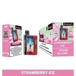 JNR Aero X 32K Puffs Pod Kit authentisch nachfüllbar Vape 23 JNR AeroX POD vape kit mit lebendigen Erdbeereis Verpackung. Das Kit enthält das Hauptgerät und boxed Zubehör, mit Markennamen JNR, AeroX prominent neben bunten kosmischen Astronauten Bilder angezeigt.