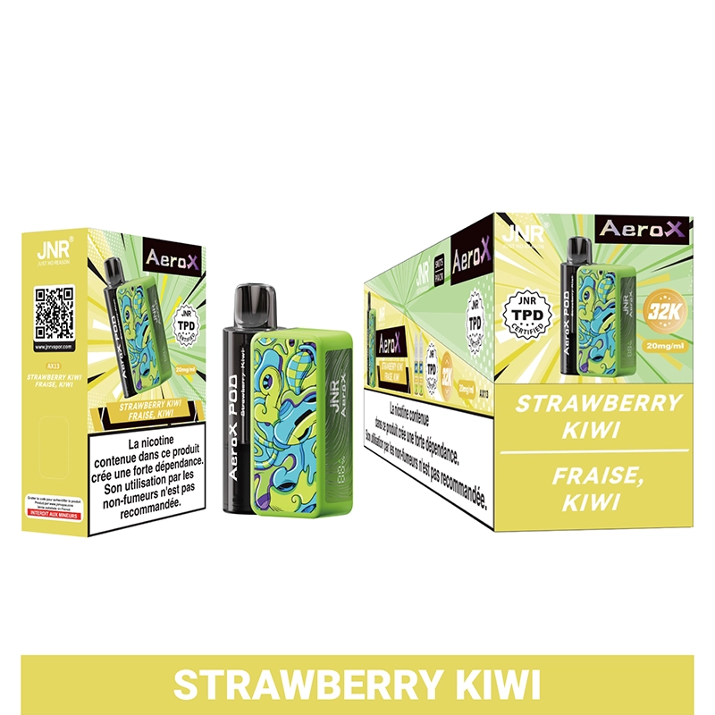 JNR Aero X 32K Puffs Pod Kit authentisch nachfüllbar Vape 6 Vibrant JNR AeroX 32K vape Verpackung präsentiert Strawberry Kiwi Geschmack mit bunten Design und TPD-Zertifizierung.