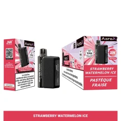 JNR Aero X 32K Puffs Pod Kit authentisch nachfüllbar Vape 21 Nahaufnahme des JNR AeroX Vape Pods und der Verpackung, die den Strawberry Watermelon ICE-Geschmack mit 32K Puffs hervorhebt; mit sichtbarem Text