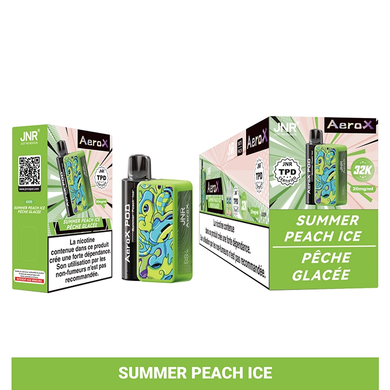 JNR Aero X 32K Puffs Pod Kit authentisch nachfüllbar Vape 4 JNR AeroX 32K Vape-Pod-Kit mit Summer Peach Ice-Geschmack neben der Markenverpackung mit buntem grünem und blauem abstraktem Design angezeigt.