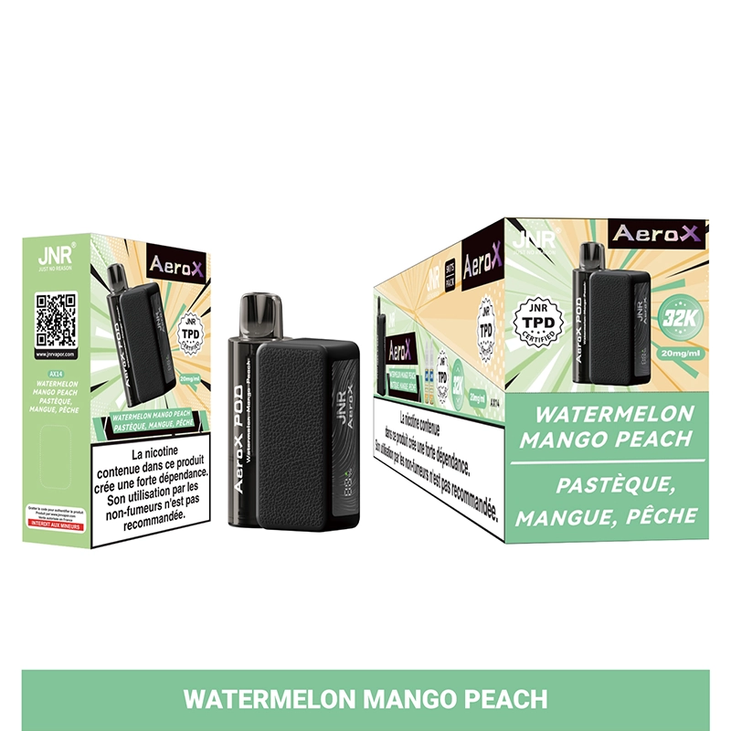 JNR Aero X 32K Puffs Pod Kit authentisch nachfüllbar Vape 2 JNR Aero-X Vape Pod und Verpackung, mit Wassermelone Mango Pfirsich Geschmack; sichtbare Branding umfasst AeroX, JNR, und 32K.