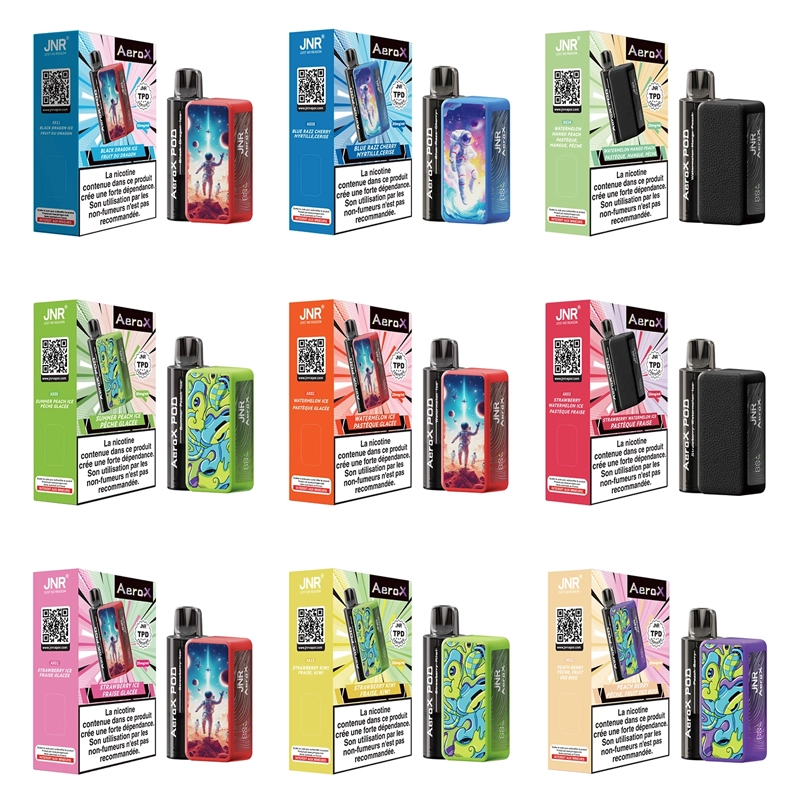 JNR Aero X 32K Puffs Pod Kit Authentic Refillable Vape 1 Eine Kollektion von JNR AeroX 32K Vapes in verschiedenen Verpackungsdesigns und Farben, darunter Geschmacksrichtungen wie Blackcurrant Anise, Blue Raspberry Ice, Aloe Grape, Green Apple Ice, Passionfruit Guava, Strawberry Ice und Lemon Lime.