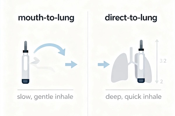 Apprenez à faire la différence entre une inhalation lente et douce (MTL) et une inhalation profonde et rapide (DTL). Illustration comparant les techniques d'inhalation de bouche à poumon (MTL) et de bouche à poumon (DTL) pour les débutants.