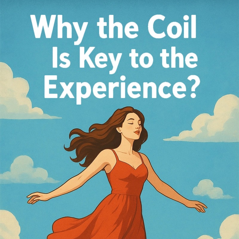 Le cœur du vapotage : Pourquoi le serpentin est-il la clé de l'expérience ? 1 Illustration d'une femme en robe rouge sous un ciel bleu, accompagnée d'un texte en gros caractères indiquant "Why the Coil Is Key to the Experience" (Pourquoi la bobine est la clé de l'expérience)."