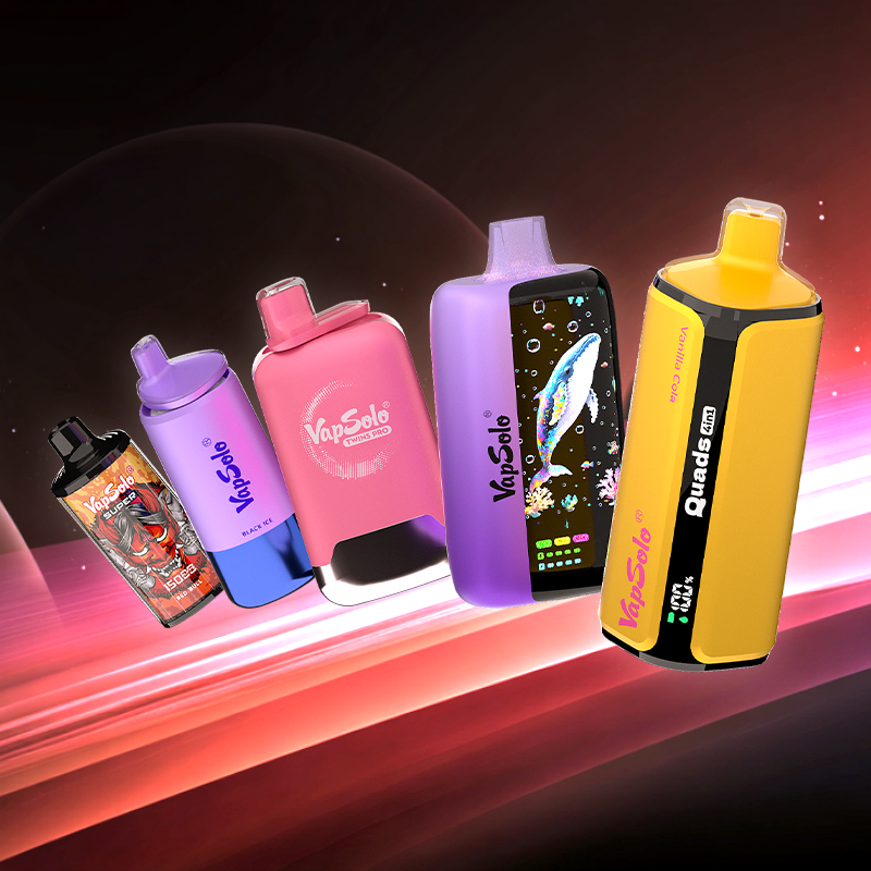 Vibrant collection of Vapsolo vape devices featuring various designs, including a black and red dragon design, purple and pink devices with logos, and a yellow device displaying a dolphin graphic, all set against a cosmic backdrop.