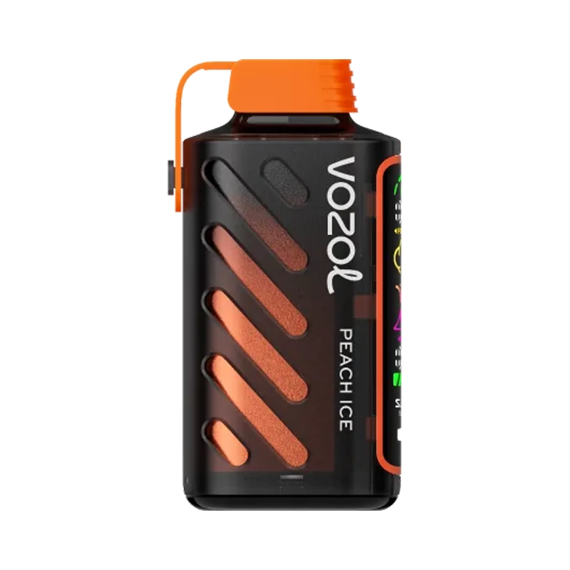 Vozol Gear Power 20000 Puffs 50mg Einweg Vape Großhandel 15 Black and orange Vozol Gear Power 20000 vape device featuring 'PEACH ICE' branding with distinctive diagonal stripes and an orange cap.