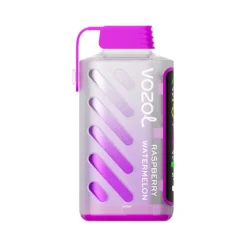 Vozol Gear Power 20000 Puffs 50mg Einweg Vape Großhandel 34 Transparente lila Vaporizer-Flasche mit Vozol-Branding und Text mit Himbeer-Wassermelonen-Geschmack.