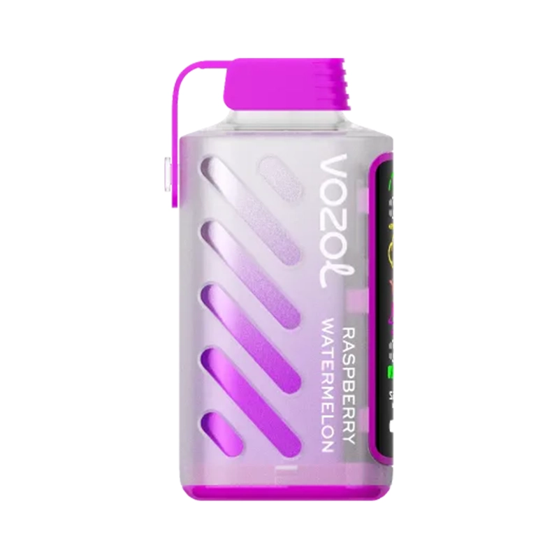 Vozol Gear Power 20000 Puffs 50mg Einweg Vape Großhandel 14 Transparente lila Vaporizer-Flasche mit Vozol-Branding und Text mit Himbeer-Wassermelonen-Geschmack.