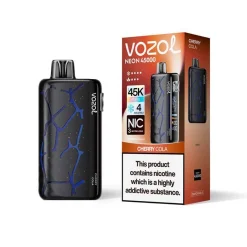 Dispositivo de vapeo Vozol NEON 45000 Cherry Cola con capacidad para 45K caladas, con patrones abstractos azules y empaquetado con advertencia de nicotina.