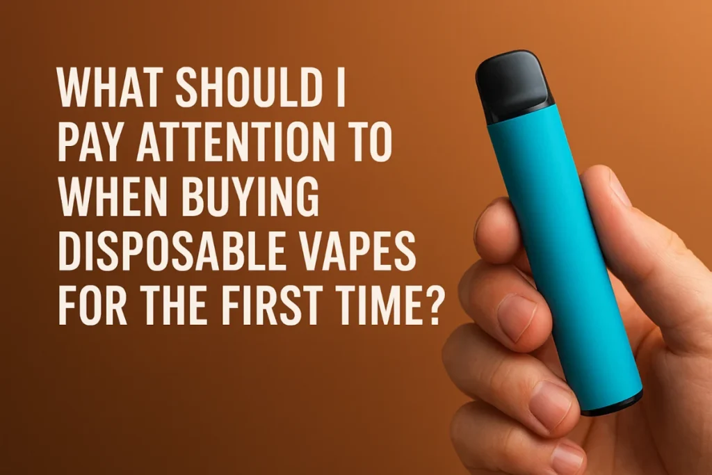 Hvad skal jeg være opmærksom på, når jeg køber engangs-vape for første gang? 1 Hånd, der holder en turkis engangsvape med tekstoverlejring, der spørger, hvad man skal være opmærksom på, når man køber engangsvape for første gang.