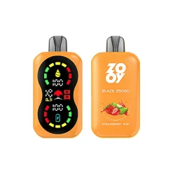 Vista anteriore e posteriore di una svapata monouso Zooy Blaze 25000 arancione al gusto di kiwi e fragola con display di controllo e marchio.